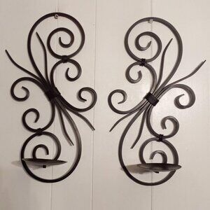 Black Wrought Iron Candle Holder 17" Wall Sconce Set Of 2 Opposing Scroll Design